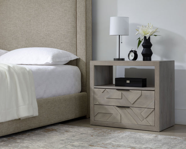Sunpan Lisboa Nightstand - Unique Handcrafted Light Grey Mango Wood Nightstand with Intricate Drawers & Shelf