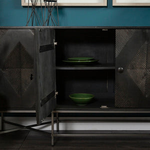 Mercana Hogarth 72-Inch Two-Tone Solid Wood Sideboard with Geometric Doors – Stylish Storage for Any Space Dark Brown & Black Wood | Silver Metal 50431