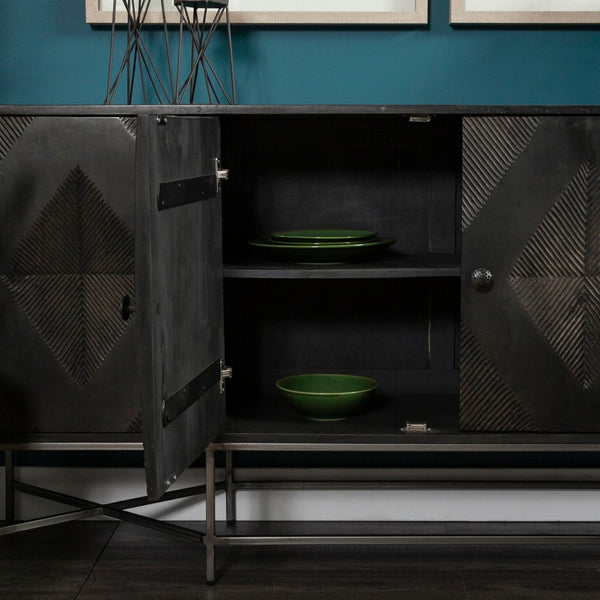 Mercana Hogarth 72-Inch Two-Tone Solid Wood Sideboard with Geometric Doors – Stylish Storage for Any Space Dark Brown & Black Wood | Silver Metal 50431