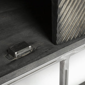 Mercana Hogarth 72-Inch Two-Tone Solid Wood Sideboard with Geometric Doors – Stylish Storage for Any Space Dark Brown & Black Wood | Silver Metal 50431