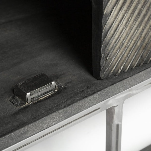 Mercana Hogarth 72-Inch Two-Tone Solid Wood Sideboard with Geometric Doors – Stylish Storage for Any Space Dark Brown & Black Wood | Silver Metal 50431