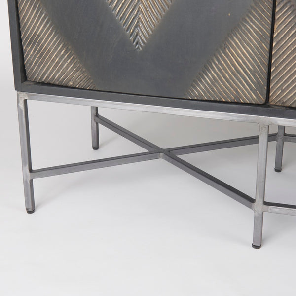 Mercana Hogarth 72-Inch Two-Tone Solid Wood Sideboard with Geometric Doors – Stylish Storage for Any Space Dark Brown & Black Wood | Silver Metal 50431