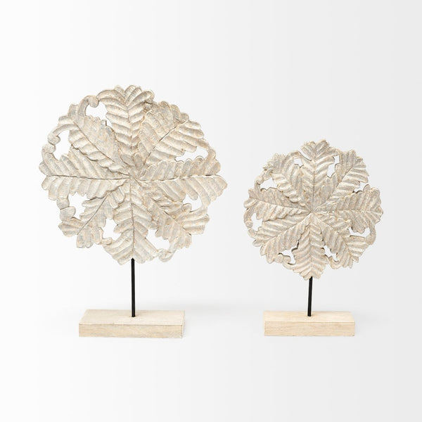 Mercana Kamara Decorative Object - Hand-Finished White-Washed Wood with Antiqued Silver Botanical Accent Natural Wood | 22H 68170
