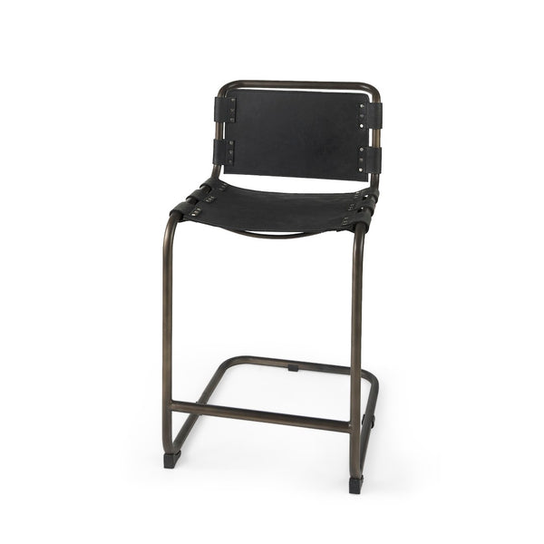 Mercana Berbick Industrial Counter Stool with Full-Back Support and Sturdy Iron Frame for Modern Spaces Black Leather | Gray Metal | Counter 69276
