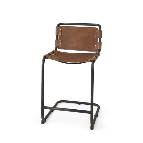 Mercana Berbick Industrial Counter Stool with Full-Back Support and Sturdy Iron Frame for Modern Spaces Brown Leather | Gray Metal | Counter 69277