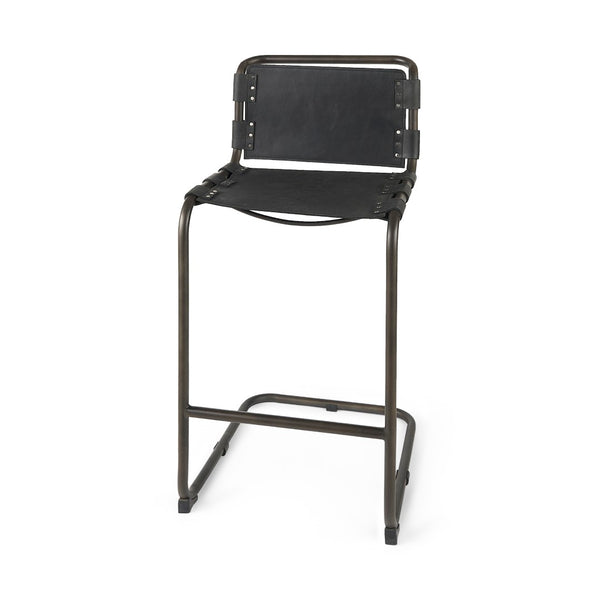 Mercana Berbick Industrial Counter Stool with Full-Back Support and Sturdy Iron Frame for Modern Spaces Black Leather | Gray Metal | Bar 69279