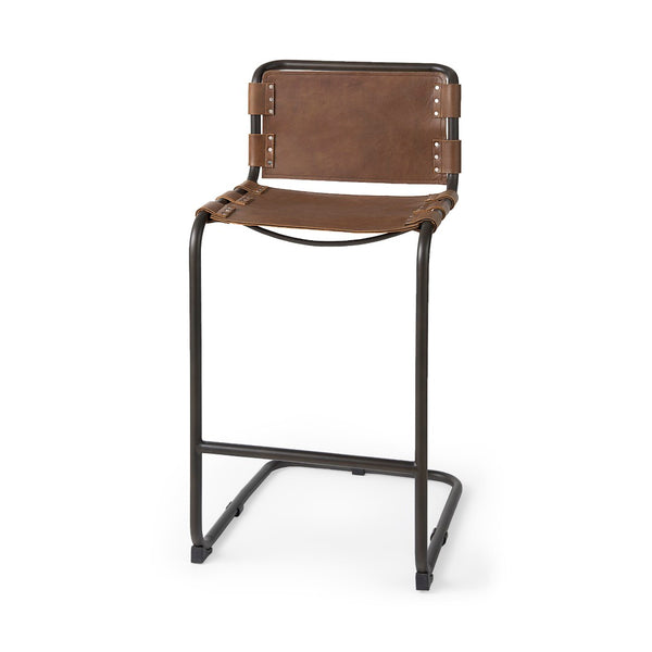 Mercana Berbick Industrial Counter Stool with Full-Back Support and Sturdy Iron Frame for Modern Spaces Brown Leather | Gray Metal | Bar 69280