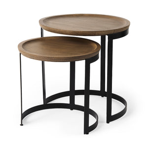 Mercana Aisley (Set of 2) 19.3L x 19.3W x 19H Light Brown Wood W/ Black Metal Base Round Nesting Side Tables 69283