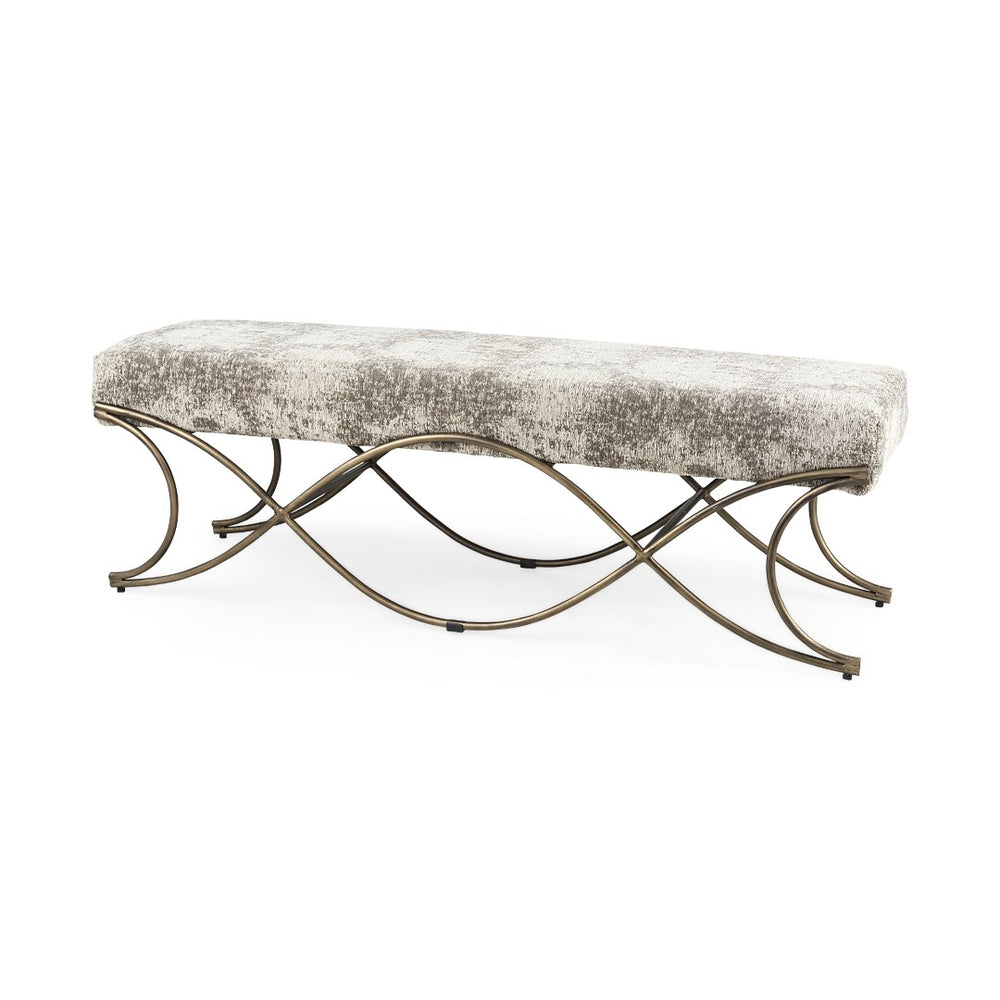 Mercana Ayla Elegant Upholstered Bench with Soft Fabric Seat and Timeless Metal Frame for Stylish Entryways Light/Dark Gray Fabric | Antique Gold 69371