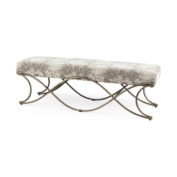 Mercana Ayla Elegant Upholstered Bench with Soft Fabric Seat and Timeless Metal Frame for Stylish Entryways Light/Dark Gray Fabric | Antique Gold 69371