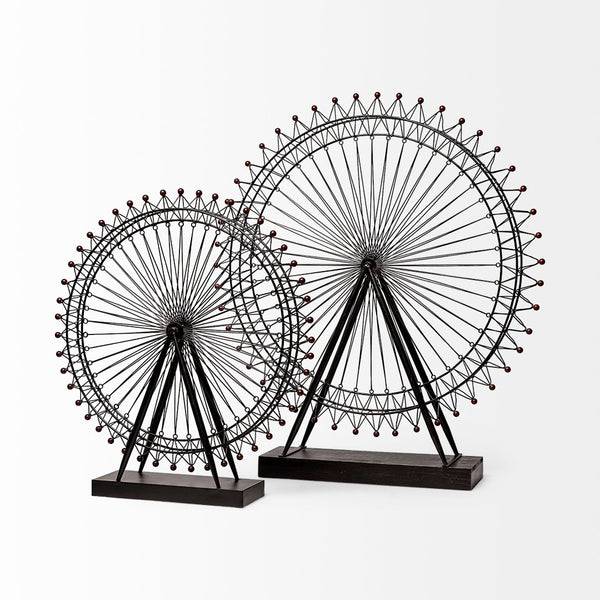 Mercana London Eye III Ferris Wheel Sculpture – Elegant Metal Décor with Wood Accents for Modern Spaces Black Metal | 27H 57117