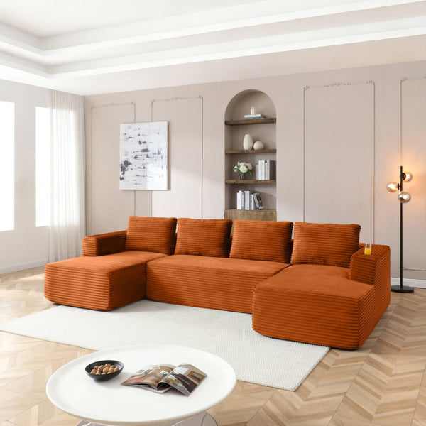 English Elm 132" Oversized Corduroy U-shaped Modular Cloud Sectional Deep Seat Sofa with Cupholders W1117S00317