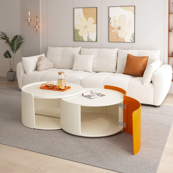 English Elm Nesting Modern Round Coffee Table Set with Sliding Extendable Top, Space-Saving MDF Design, 66lb Capacity Antique White W757P186974