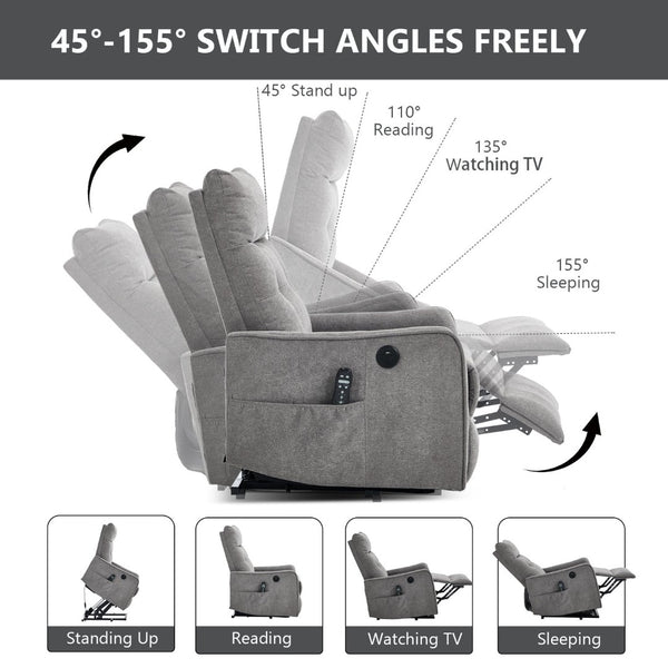 English Elm Beige Chenille Power Lift Recliner with Massage Heat and Usb for Senior Comfort Light Gray W1803P369078