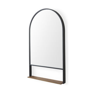 Mercana Cora 24.0L x 3.9W x 40.0H Black Metal Frame W/ Brown Wooden Shelf Arched Wall Mirror 69320