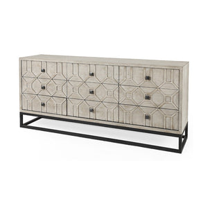 Mercana Genevieve Luxurious 9-Drawer Sideboard with Gold Frame, Gray Fir Veneer for Chic Home Storage Solutions Brown Wood | Black Metal 69376