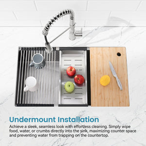 English Elm Stainless Steel Undermount Kitchen Sink Handmade Single Bowl with Colander Board T3177P296192