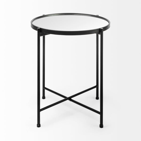Mercana Samantha Modern Accent Table with Reflective Top and Geometric Base - Perfect for Contemporary Spaces Mirror | Black Metal | Small 69339