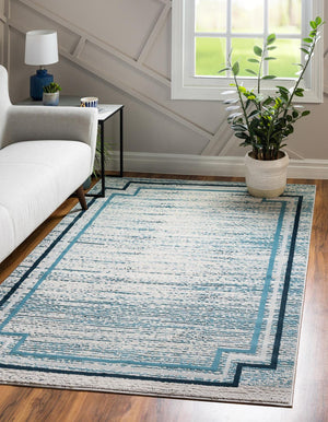 Unique Loom Oasis Fountain Machine Made Border Rug Blue, Ivory/Navy Blue/Gray 7' 1" x 10' 0"