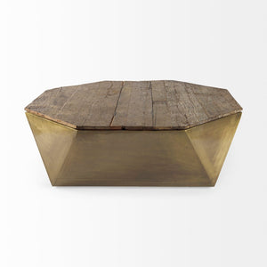 Mercana Esagono Octagonal Coffee Table - Reclaimed Wood with Antique Gold Metal, Stylish Storage Solution 67092