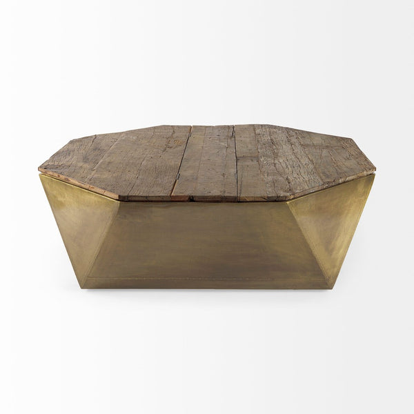 Mercana Esagono Octagonal Coffee Table - Reclaimed Wood with Antique Gold Metal, Stylish Storage Solution 67092