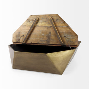 Mercana Esagono Octagonal Coffee Table - Reclaimed Wood with Antique Gold Metal, Stylish Storage Solution 67092