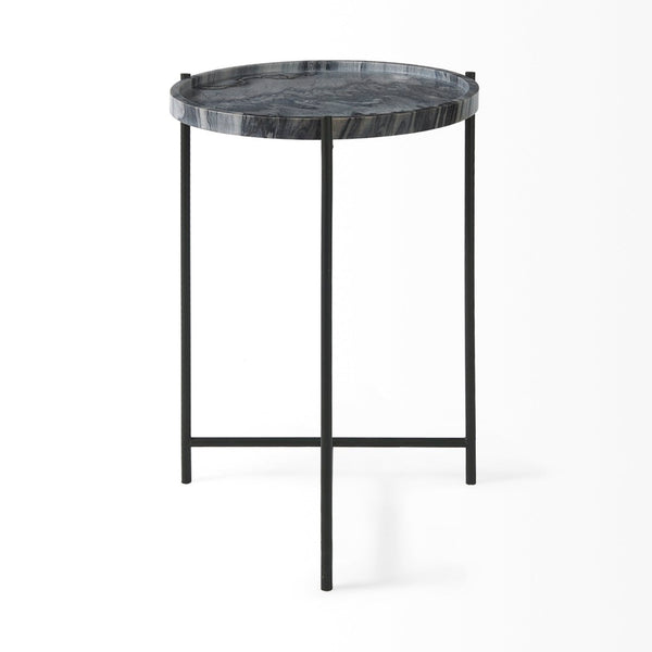 Mercana Stella Round Accent Table with Sculptural Elegance and Durable Design for Modern Living Spaces Gray Marble | Black Metal 68959