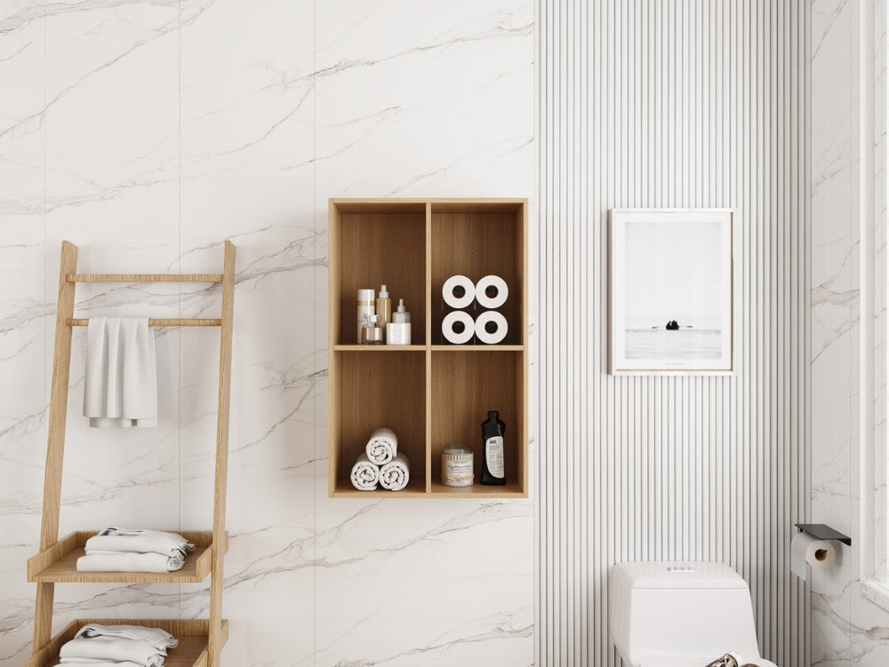 English Elm 24 Inch Wall Mounted Oak Shelving Unit Two Open Compartments for Bathroom or Study W1972P457946