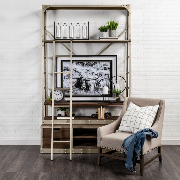 Mercana Brodie II Industrial Four-Shelf Shelving Unit with Sliding Ladder for Stylish Home Storage Solutions Medium Brown Wood | Nickle Metal | 57L 50370-AB