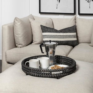 Mercana Decatur Elegant Round Tray with Mirrored Base & White Wooden Beads for Stunning Home Décor Display Black Wood | Mirror 68675