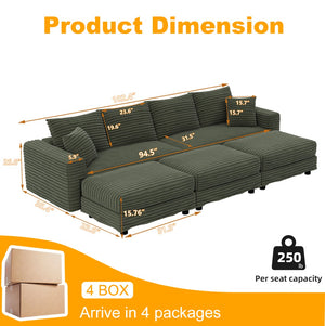 English Elm 102.4 Inch Plush Corduroy Cloud Sofa Deep Seat Four Person Convertible Lounge for Living Room Green W1885S00345