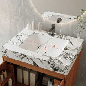 English Elm Mid-century Freestanding Bathroom Vanity Faux Marble Ceramic Sink Gold Legs Storage W3136S00067