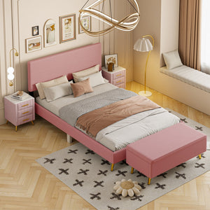 English Elm 4 Pieces Bedroom Sets Queen Size Upholstered Bed Frame With Modern Corduroy Storage Ottoman and Nightstands,Pink