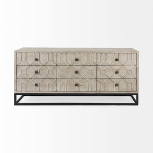 Mercana Genevieve Luxurious 9-Drawer Sideboard with Gold Frame, Gray Fir Veneer for Chic Home Storage Solutions Brown Wood | Black Metal 69376