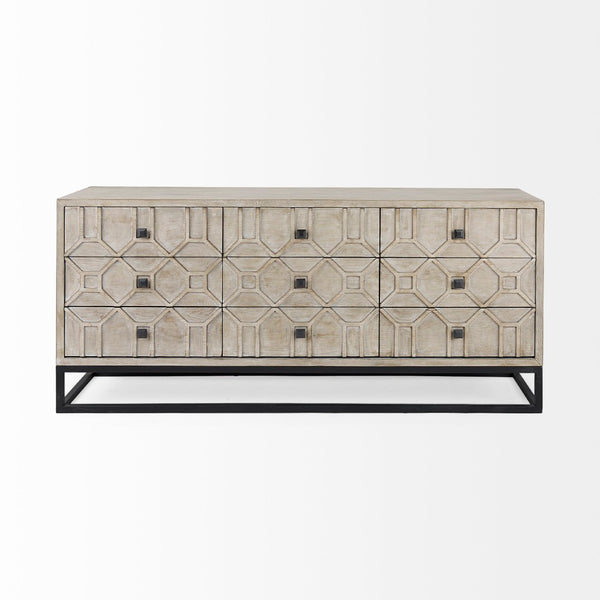 Mercana Genevieve Luxurious 9-Drawer Sideboard with Gold Frame, Gray Fir Veneer for Chic Home Storage Solutions Brown Wood | Black Metal 69376