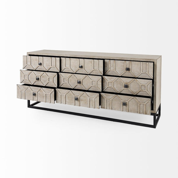 Mercana Genevieve Luxurious 9-Drawer Sideboard with Gold Frame, Gray Fir Veneer for Chic Home Storage Solutions Brown Wood | Black Metal 69376