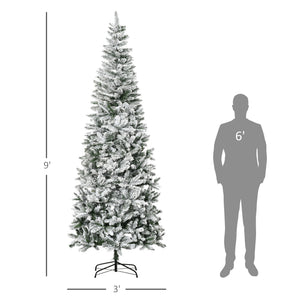 English Elm Homcom 9Ft Slim Snow-Flocked Pine Christmas Tree With Realistic Branches & Easy Setup For Tight Spaces W2225P229295