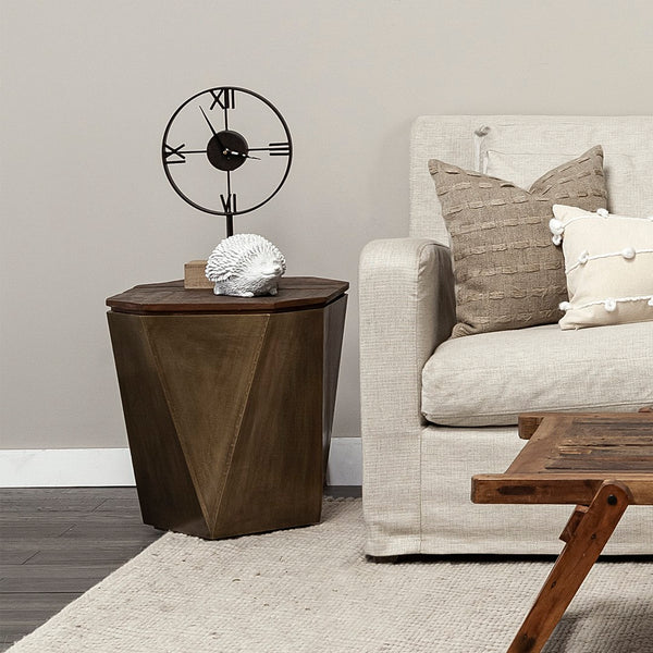 Mercana Esagono Octagonal Reclaimed Wood End Table with Storage - Rustic Industrial Accent for Any Space Natural Wood | Brass 68902