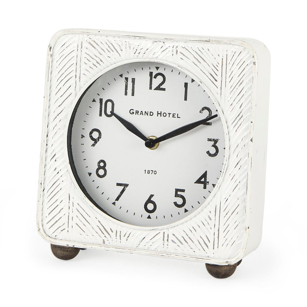 Mercana Karl Rustic Table Clock - Compact 8-Inch Rounded Square Design for Farmhouse Style Decor White Iron 69486