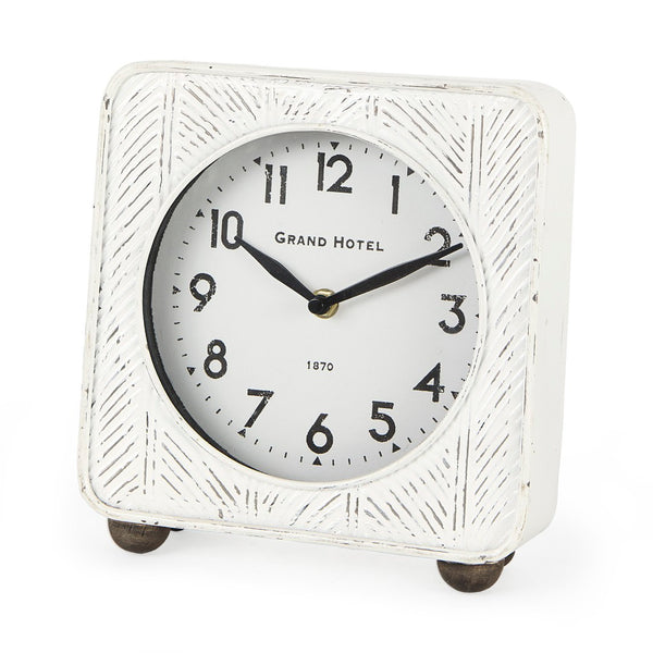 Mercana Karl Rustic Table Clock - Compact 8-Inch Rounded Square Design for Farmhouse Style Decor White Iron 69486