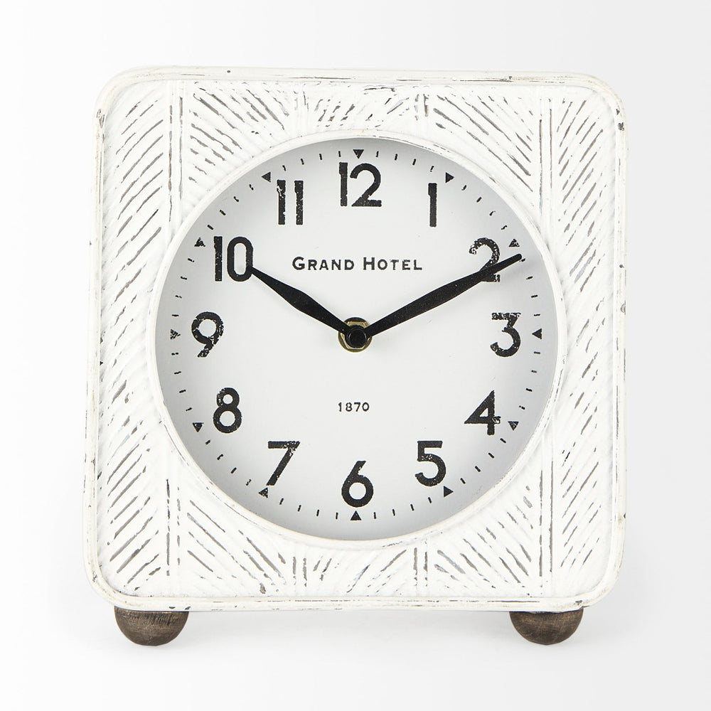 Mercana Karl Rustic Table Clock - Compact 8-Inch Rounded Square Design for Farmhouse Style Decor White Iron 69486