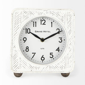 Mercana Karl Rustic Table Clock - Compact 8-Inch Rounded Square Design for Farmhouse Style Decor White Iron 69486
