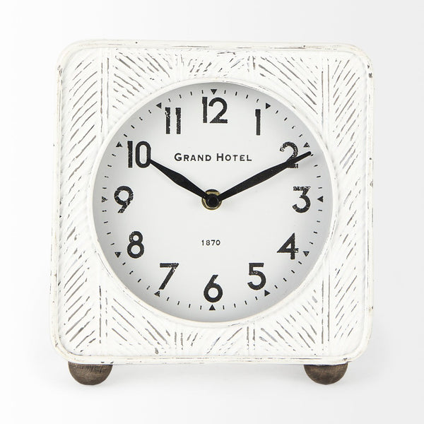Mercana Karl Rustic Table Clock - Compact 8-Inch Rounded Square Design for Farmhouse Style Decor White Iron 69486