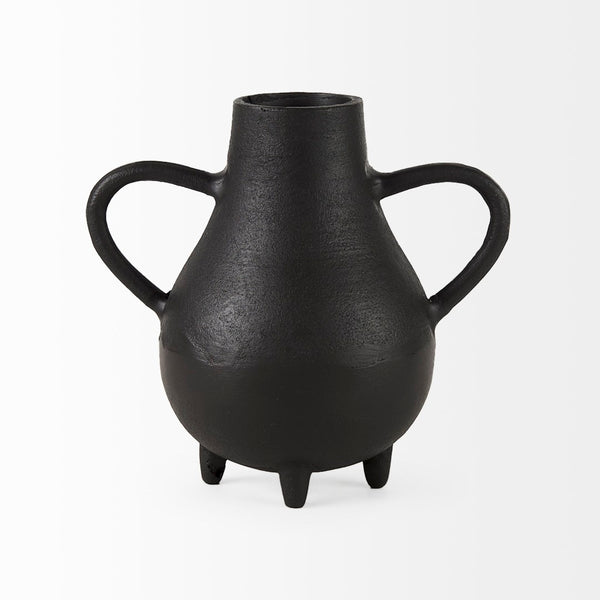 Mercana Cyrus Matte Black Spherical Vase with Flute Design – Sculptural Elegance for Modern Interiors Black Ceramic | 2 Handles | 8H 69159