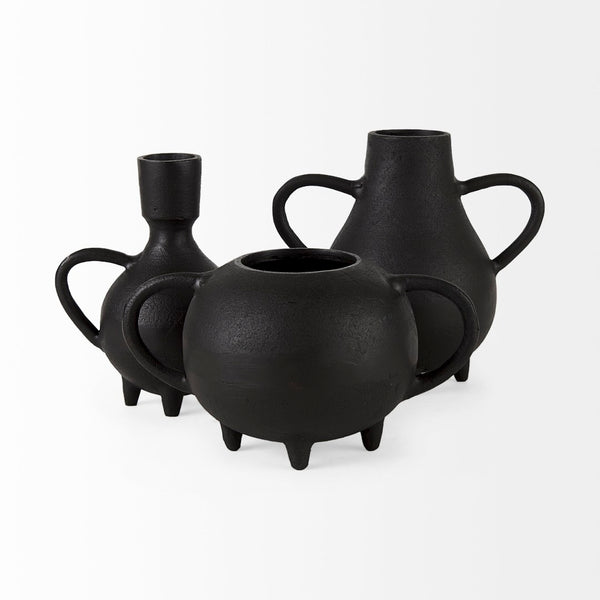 Mercana Cyrus Matte Black Spherical Vase with Flute Design – Sculptural Elegance for Modern Interiors Black Ceramic | 2 Handles | 8H 69159