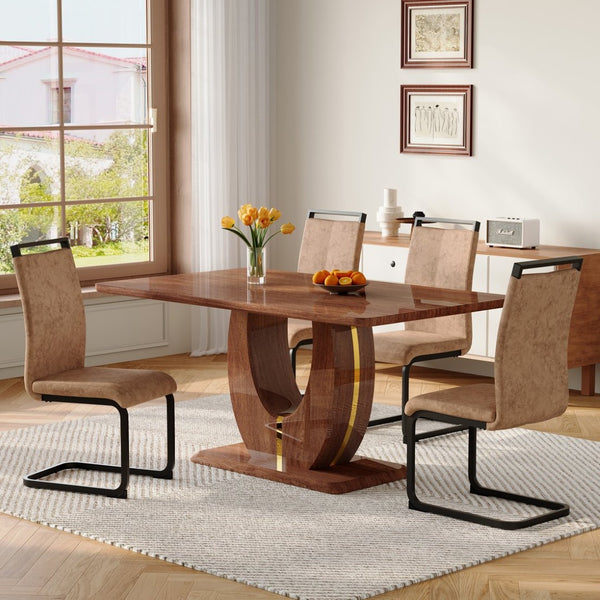 English Elm Black Wood Grain Mdf Dining Set Seats Four with Brown Fabric Upholstered Chairs W1151S04401