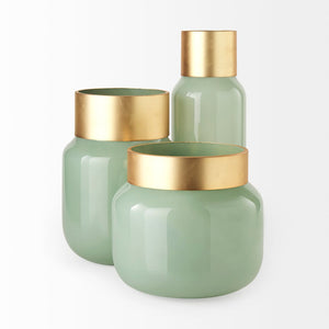 Mercana Minty Stylish Glass Vase with Matte Gold Neck Cuff - Elegant Centerpiece for Modern Decor & Florals Green Glass | 10H 69551