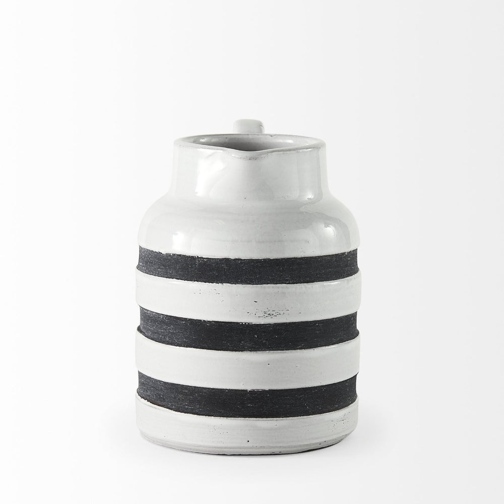 Mercana Harmon Rustic-Modern Ceramic Jug with Charcoal Stripes - Ideal Home Accent for Stylish Decor White/Blue Ceramic | 7H 31066