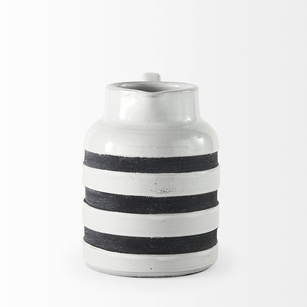 Mercana Harmon Rustic-Modern Ceramic Jug with Charcoal Stripes - Ideal Home Accent for Stylish Decor White/Blue Ceramic | 7H 31066