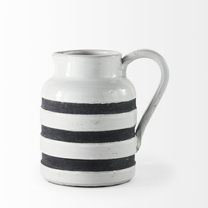 Mercana Harmon Rustic-Modern Ceramic Jug with Charcoal Stripes - Ideal Home Accent for Stylish Decor White/Blue Ceramic | 7H 31066